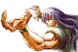  bad_id bare_knuckle bare_knuckle_iii headband kamiomutsu long_hair male purple_hair red_eyes serious shiva_(bare_knuckle) sleeveless sleeveless_shirt solo white_background 