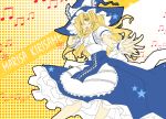  :d blonde_hair braid character_name curiosities_of_lotus_asia dress hand_on_hat hat hat_ribbon kinsenka kirisame_marisa long_hair musical_note open_mouth ribbon single_braid smile solo star touhou witch witch_hat wrist_cuffs yellow_eyes 