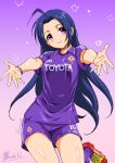  acf_fiorentina adidas ahoge blue_hair breasts dated idolmaster inoue_sora long_hair miura_azusa outstretched_arms purple_eyes shorts soccer_uniform solo violet_eyes 