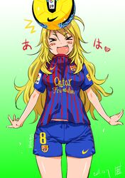  &gt;_&lt; ahoge ball blonde_hair breasts dated fang fc_barcelona green_eyes hoshii_miki idolmaster inoue_sora long_hair navel open_mouth soccer_ball soccer_uniform solo sportswear 