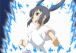  :o aura black_hair brown_hair dragon_ball dragon_ball_z dragonball_z k-on! nakano_azusa oku_no_shi parody solo super_saiyan twintails white_shirt 