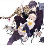  animal bad_id biting blonde_hair blood bracelet brown_eyes brown_hair cat cheetah fate/zero fate_(series) gilgamesh jewelry kotomine_kirei kuroihato male multiple_boys necklace panther purple_eyes purple_hair red_eyes slit_pupils too_many_cats violet_eyes white_background 