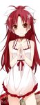  bare_shoulders brown_eyes chemise choker collarbone cross dress fingers_together flower hair_flower hair_ornament hair_ribbon hands_together long_hair looking_at_viewer mahou_shoujo_madoka_magica pocky ponytail red_hair redhead ribbon sakura_kyouko simple_background smile soburi solo white_background white_dress 