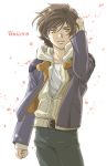  banagher_links brown_eyes brown_hair gundam gundam_unicorn hand_in_hair hoodie jacket male redpipin solo 