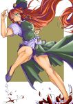 1girl bare_legs black_panties blue_eyes breasts chinese_clothes clenched_hand eruichi_(redphantom) fighting_stance hair_over_one_eye hat hong_meiling large_breasts long_hair muscle panties pantyshot side_slit solo touhou underwear very_long_hair 