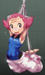  armpits arms_behind_head baggy_pants bandaid_on_nose barefoot bdsm body_writing bondage bound_ankles clothes_writing flat_chest hun leotard pink_eyes pink_hair pokemon pokemon_(game) pokemon_dppt public_use short_hair solo sumomo_(pokemon) suspension sweat translation_request 