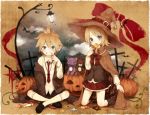  1girl bat blonde_hair blue_eyes brother_and_sister candy footwear fork grave grin hair_ornament hairclip halloween hat holding kagamine_len kagamine_rin lollipop mikanniro pumpkin siblings sitting smile socks sweets twins vocaloid witch_hat 