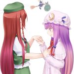 beret blonde_hair braid broom broom_riding commentary_request crescent dress hair_ribbon hand_holding hand_on_another&#039;s_chest hand_on_another's_chest hat holding_hands hong_meiling kirisame_marisa long_hair looking_at_another multiple_girls open_mouth patchouli_knowledge purple_eyes purple_hair red_hair redhead ribbon sack simple_background smile suzushiro_yukari touhou twin_braids violet_eyes white_background 