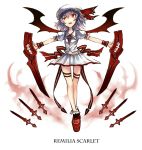 bat_wings character_name cross dual_wielding english fang gia hat looking_at_viewer purple_hair red_eyes remilia_scarlet short_hair skirt solo sword touhou weapon wings wrist_cuffs 
