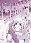  ahoge bad_id bench blanket casual face fate/stay_night fate_(series) maribsr monochrome purple saber solo 