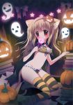  animal_ears blush book bra cat_ears cat_tail copyright_request ghost halloween highres jack-o&#039;-lantern jack-o'-lantern kuromaru lingerie looking_at_viewer panties solo striped striped_legwear tail thigh-highs thighhighs twintails underwear underwear_only 