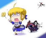  armor armored_dress berserker_(fate/zero) blonde_hair braid butter-t candy chibi crying crying_with_eyes_open dog dress fate/zero fate_(series) french_braid lollipop o_o saber tears tripping 