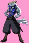  adapted_costume bad_id blue_eyes boots dominia furry hands_on_hips hat long_hair male pants pink_background precure sleeveless sleeveless_shirt smile_precure! solo tail werewolf white_hair wolf_tail wolfrun 