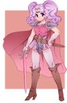  beena boots cape dress hand_on_hip highres hips monster_maker pauldrons pink pink_dress pink_hair pink_legwear purple_eyes short_hair skirt smile solo sword thigh-highs thighhighs twintails violet_eyes vuccha weapon 