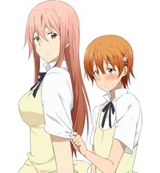  1girl apron blush brown_eyes crossdressinging face hair_ornament hairclip hairpin inami_mahiru long_hair maruki_(punchiki) orange_hair pink_hair punchiki shirt_tug short_hair takanashi_kotori takanashi_souta trap waitress working!! 