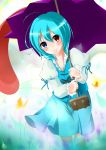  absurdres ahoge blue_eyes blue_hair blue_skirt blush butterfly geta heterochromia highres karakasa karakasa_obake red_eyes short_hair skirt smile solo tatara_kogasa tongue touhou umbrella utsuku_(imiho) 