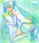  aqua_eyes aqua_hair boots detached_sleeves hatsune_miku long_hair looking_at_viewer looking_back mayo_riyo necktie skirt solo spring_onion thigh-highs thigh_boots thighhighs traditional_media twintails very_long_hair vocaloid 