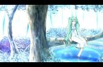  backlighting barefoot dress green_eyes green_hair hatsune_miku in_tree letterboxed long_hair looking_at_viewer mashiro_pima pima_mashiro reflection scenery sitting sitting_in_tree solo tree twintails very_long_hair vocaloid water 