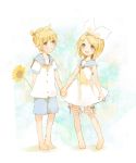  1girl :d aqua_eyes barefoot blonde_hair brother_and_sister flower grin hairband hand_holding holding_hands kagamine_len kagamine_rin mikanniro open_mouth shorts siblings smile standing twins vocaloid 