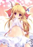  bare_shoulders bloomers bow brown_hair enjoy_mix hair_bow horns ibuki_suika long_hair midriff mouth_hold navel red_eyes smile solo touhou very_long_hair 