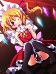  alternate_costume apron black_legwear blonde_hair blush bow dress enmaided fang flandre_scarlet frills geogeo hair_bow maid maid_headdress open_mouth red_eyes ribbon short_hair side_ponytail sitting solo the_embodiment_of_scarlet_devil thigh-highs thighhighs touhou wings wink 