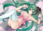  bottomless bracelet checkered checkered_floor chengshan0708 green_eyes green_hair hatsune_miku jewelry long_hair lying necklace on_back solo spring_onion thigh-highs thighhighs twintails very_long_hair vocaloid 