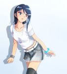  artist_request bangle belt blue_eyes blue_hair bracelet cutoffs denim_skirt hair_ornament hairclip hina_(nicoseiga) idolmaster idolmaster_dearly_stars jewelry long_hair mizutani_eri necklace shadow skirt solo t-shirt thigh-highs thighhighs 