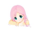  aqua_eyes aqua_hair bare_shoulders bonxy face fluttershy head_rest highres light_smile my_little_pony my_little_pony_friendship_is_magic personification pink_hair pullover smile solo transparent_background 