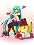  aqua_eyes aqua_hair bad_id checkered checkered_background cherry food fruit hatsune_miku hiromin leggings long_hair open_mouth pocky pudding scrunchie sitting skirt solo strawberry trencker twintails very_long_hair vocaloid 