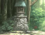  box donation_box kinoto_(ruindivinity) nature no_humans scenery shide shimenawa shrine stone_wall tree wall 