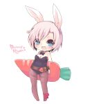  1girl alternate_costume animal_ears belt blue_eyes blush breasts bunnysuit carrot chibi cleavage konatsu_miyu league_of_legends leotard open_mouth pantyhose rabbit_ears riven_(league_of_legends) short_hair smile solo white_background white_hair 