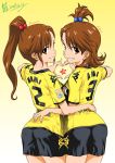  arm_around_waist ass borussia_dortmund brown_eyes brown_hair dated from_behind futami_ami futami_mami grin hair_bobbles hair_ornament heart heart_hands heart_hands_duo idolmaster inoue_sora long_hair multiple_girls pantylines shorts siblings side_ponytail sisters smile soccer_uniform sportswear star topknot twins 
