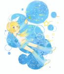  bare_shoulders blonde_hair blue_eyes boots detached_sleeves fish hairband kagamine_rin mikanniro outstretched_arm short_shorts shorts solo star vocaloid 