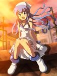 :d anklet artist_request bare_shoulders blue_eyes blue_hair blush boots bracelet dress flat_chest hat highres hina_(nicoseiga) ikamusume jewelry knees_together_feet_apart open_mouth power_lines shinryaku!_ikamusume sitting smile solo sunset tentacle_hair white_dress 