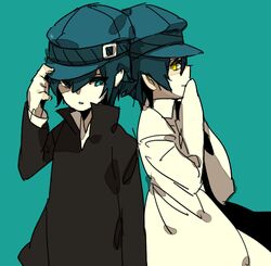  androgynous blue_eyes blue_hair cabbie_hat crossdressinging dark_persona dual_persona hand_on_hat hat jacket labcoat long_sleeves looking_down multiple_girls open_mouth pale_skin persona persona_4 reverse_trap shirogane_naoto smile standing sugiyama08 tomboy white_skin yellow_eyes 