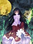 black_hair covering covering_face covering_mouth full_moon houraisan_kaguya long_hair long_skirt moon red_eyes skirt sleeves_past_wrists solo sui-sui touhou very_long_hair yellow_moon