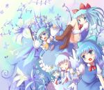  alternate_hairstyle armpits arms_up ascot ass blue_dress blue_eyes blue_hair blush boots bow butterfly cirno clone closed_eyes cosplay cross-laced_footwear detached_sleeves dress eating elbow_gloves flower flying food gloves gohei hair_bow hair_ribbon hair_tubes hakkotsu_shitai hakurei_reimu hakurei_reimu_(cosplay) hands_clasped ice_cream lace-up_boots leg_hug lily_(flower) long_hair midriff multiple_girls multiple_persona navel open_mouth outstretched_arms praying ribbon shirt short_hair skirt skirt_set smile tears touhou twintails wings 