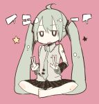  ahoge bad_id bare_shoulders barefoot chibi detached_sleeves double_v green_hair hatsune_miku long_hair necktie open_mouth pink_background sahara1006 sahara_mizuki simple_background sitting skirt solo star translated twintails v vocaloid 