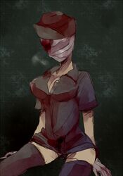  1girl bandage bandages black_legwear blood blood_on_face breasts bubble_head_nurse cleavage gloves hat large_breasts nurse nurse_cap silent_hill solo thigh-highs thighhighs white_gloves yukama 