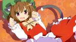  animal_ears bow brown_hair cat_ears cat_tail chen clenched_hands dress fang hat open_mouth pink_eyes red_eyes short_hair smile solo tail touhou wara_(warapro) 