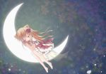 animal_ears barefoot cat_ears closed_eyes copyright_request crescent_moon eyes_closed flower hair_flower hair_ornament highres kuromaru long_hair moon ribbon smile solo 