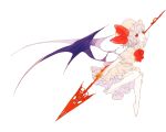  1girl barefoot bat_wings bow dress hat highres okari polearm red_eyes remilia_scarlet short_hair simple_background solo spear_the_gungnir touhou weapon wings 