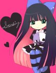  bow cat character_name green_eyes hair_bow heart long_hair multicolored_hair panty_&amp;_stocking_with_garterbelt pink_background simple_background solo stocking_(psg) striped striped_legwear thighhighs two-tone_hair very_long_hair yumemomosaka 