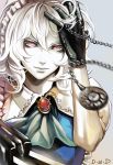  arm_up ascot between_fingers black_gloves blue_dress brooch bust chain chains dantewontdie dress face gloves hand_in_hair hands izayoi_sakuya jewelry knife lips maid maid_headdress pale_skin pink_hair pocket_watch short_hair silver_hair solo touhou watch 