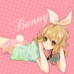  barnaby_brooks_jr blonde_hair bow bunny_tail genderswap green_eyes hair_bow jewelry microskirt necklace pink_background poco24 polka_dot polka_dot_background puffy_sleeves solo t-shirt tail tiger_&amp;_bunny 