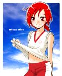  character_name cloud collarbone gym_shorts hair_ornament hairclip highres hino_akane midriff navel ponytail precure ramune02 red_eyes red_hair redhead shorts sleeves_rolled_up smile smile_precure! solo sweat volleyball_uniform 