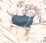  aqua_eyes arms_up bed bed_sheet blue_eyes blush hat iroyopon lavender_hair letty_whiterock long_sleeves looking_at_viewer lying midriff navel on_back on_bed open_mouth scarf shirt_lift short_hair solo touhou 