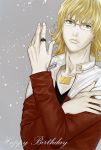  barnaby_brooks_jr blonde_hair glasses green_eyes jacket jewelry male moguraana necklace red_jacket ring solo tiger_&amp;_bunny 