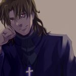  brown_eyes brown_hair cross cross_necklace fate/stay_night fate_(series) jewelry kotomine_kirei male necklace smile solo suica_(artist) 