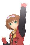  arm_up brown_hair chiikana choker fingerless_gloves gloves goggles goggles_on_head green_eyes highres rita_mordio shirt short_hair smile solo tales_of_(series) tales_of_vesperia white_background 
